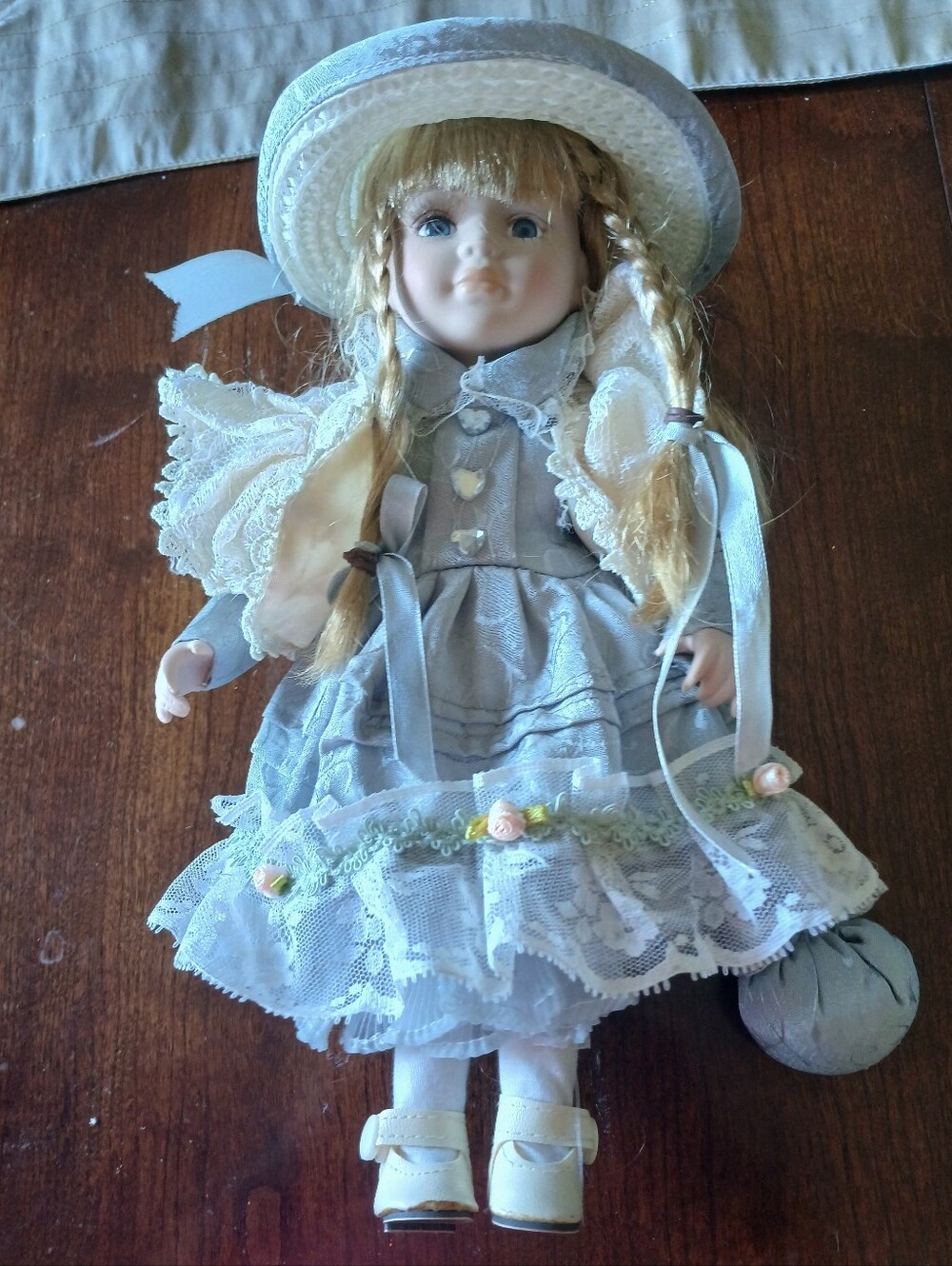 Vintage Collectors Choice Porcelain Doll with Blue Victorian Dress & Hat
